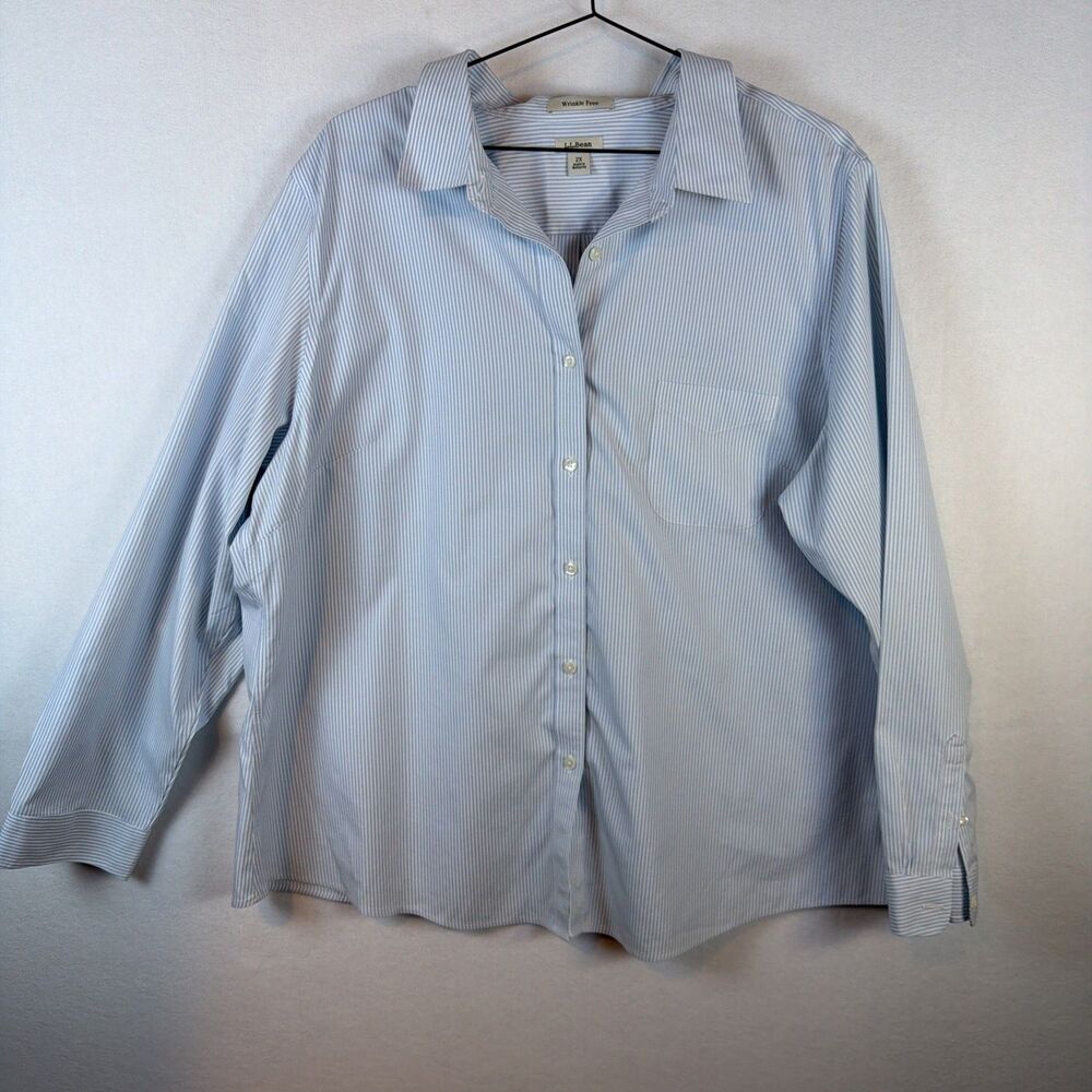 LL Bean Womens 2X Blue 100% Cotton Long Sleeve Button Down Shirt Top Solid